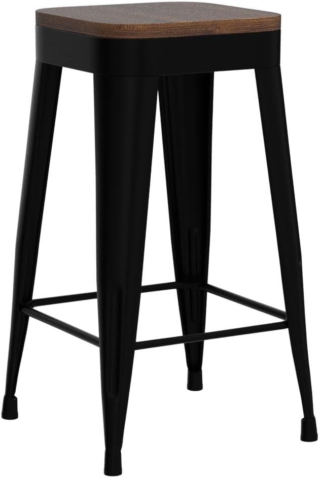 Bar Stools Set of 4 Metal Bar Stool Counter Height Bar Stools Black, Modern 24" Bar Chairs Without Back,Wooden Seat Bar Stool Counter Height