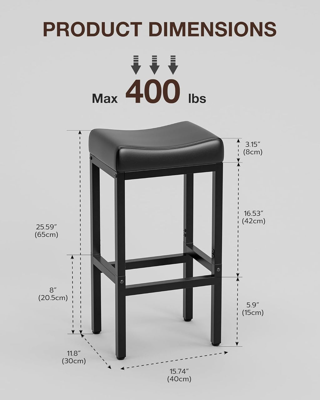 Bar Stools Set of 2-24 Inch Counter Height Chairs for Kitchen Island, Leather Seat with 400 LBS Heavy-Duty Metal Frame and Adjustable Feet, Easy to Assemble for Bar, Café or Dining Room,Black