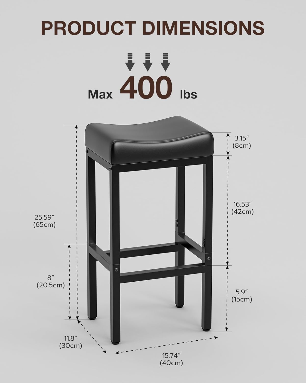 Bar Stools Set of 2-24 Inch Counter Height Chairs for Kitchen Island, Leather Seat with 400 LBS Heavy-Duty Metal Frame and Adjustable Feet, Easy to Assemble for Bar, Café or Dining Room,Black