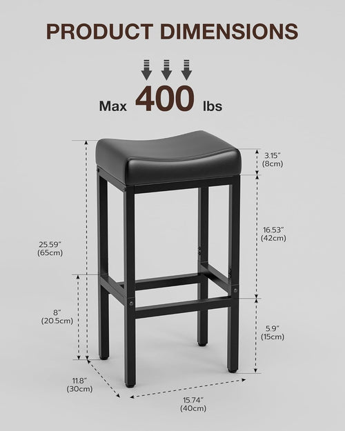 Bar Stools Set of 2-24 Inch Counter Height Chairs for Kitchen Island, Leather Seat with 400 LBS Heavy-Duty Metal Frame and Adjustable Feet, Easy to Assemble for Bar, Café or Dining Room,Black