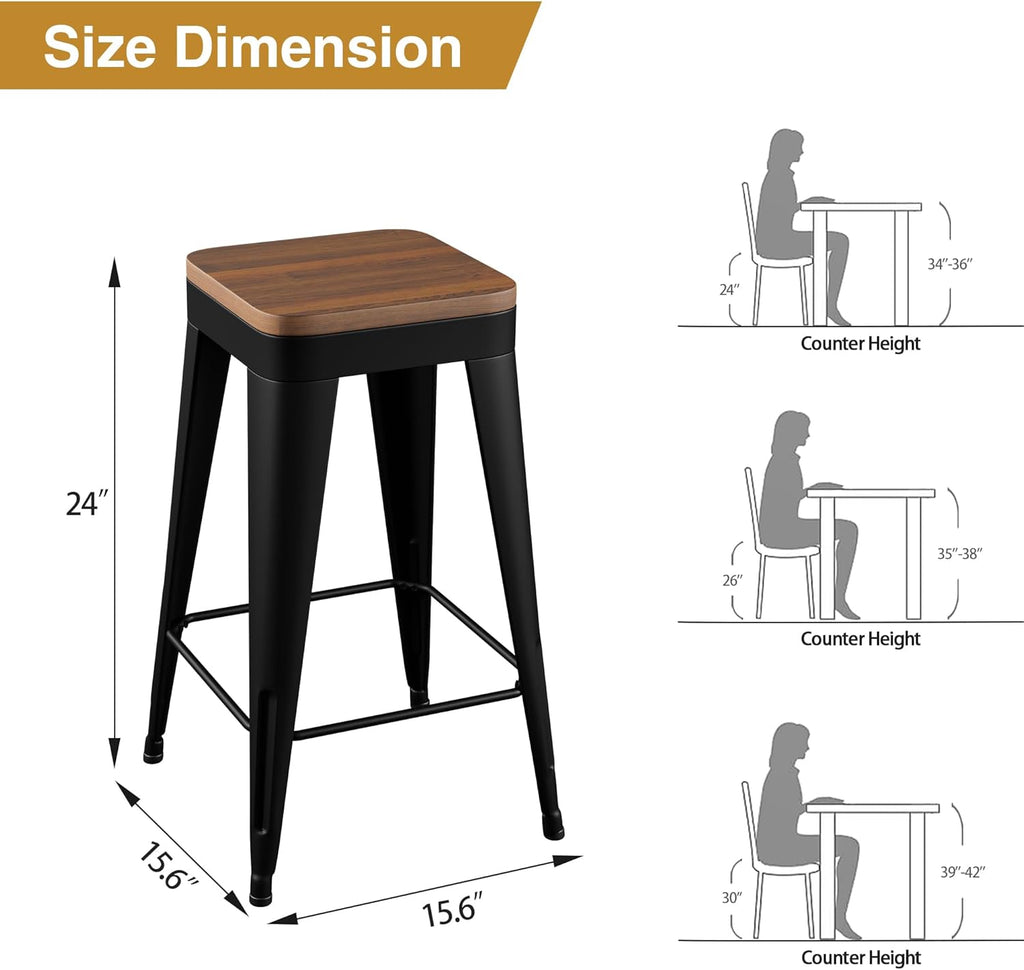 Bar Stools Set of 4 Metal Bar Stool Counter Height Bar Stools Black, Modern 24" Bar Chairs Without Back,Wooden Seat Bar Stool Counter Height