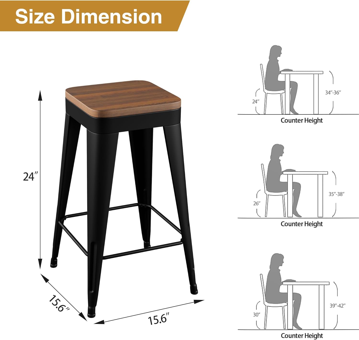 Bar Stools Set of 4 Metal Bar Stool Counter Height Bar Stools Black, Modern 24" Bar Chairs Without Back,Wooden Seat Bar Stool Counter Height