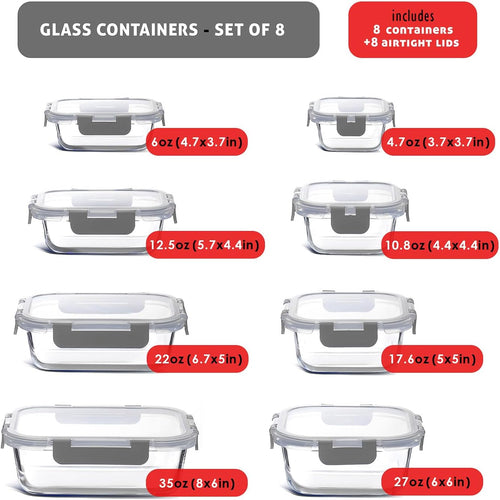 16 Pack Glass Food Storage Containers with Airtight Lids, Microwave Freezer Safe Meal Prep Boxes