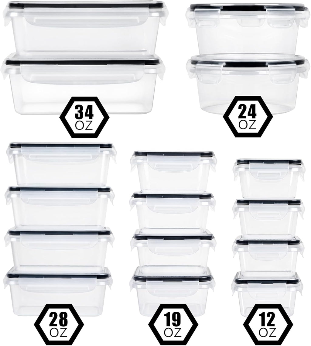 FOOYOO 32 Piece Food Storage Container with Lids (16 Containers + 16 Lids) - Plastic Food Containers with Lid, Airtight Leak Proof Snap Lock, BPA Free Storage Containers