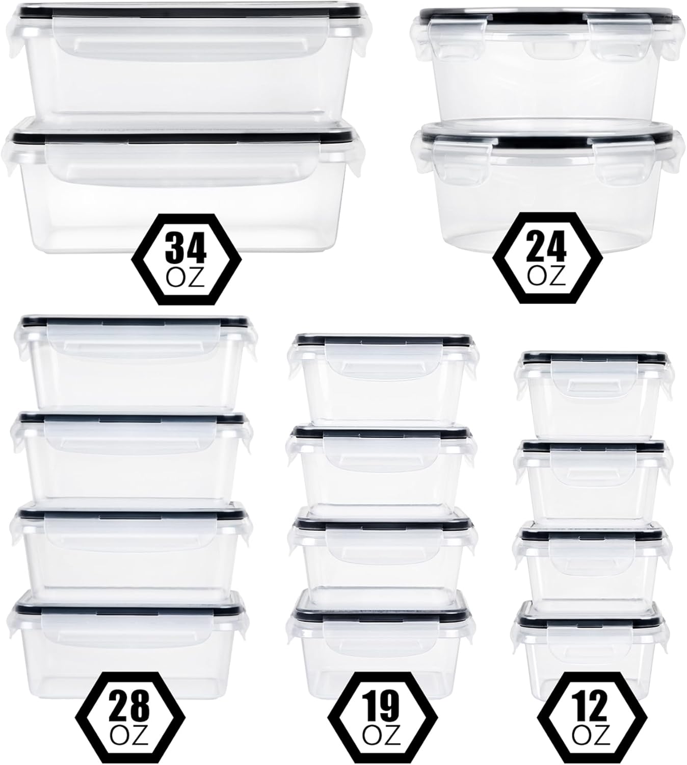 FOOYOO 32 Piece Food Storage Container with Lids (16 Containers + 16 Lids) - Plastic Food Containers with Lid, Airtight Leak Proof Snap Lock, BPA Free Storage Containers