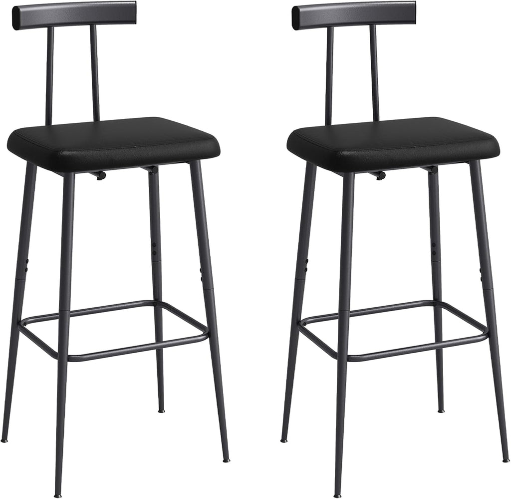 Set of 2 Industrial Bar Stools, Counter Height PU Leather Bar Chairs with Backrest & Footrest, Black