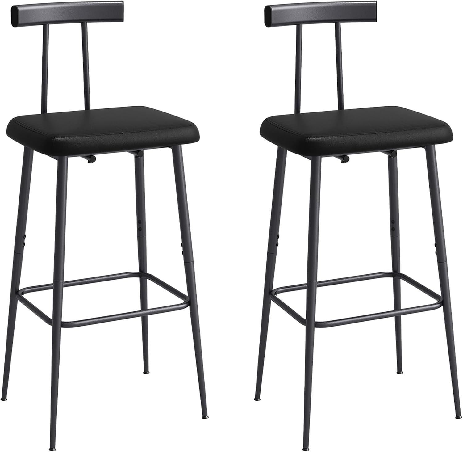 Set of 2 Industrial Bar Stools, Counter Height PU Leather Bar Chairs with Backrest & Footrest, Black