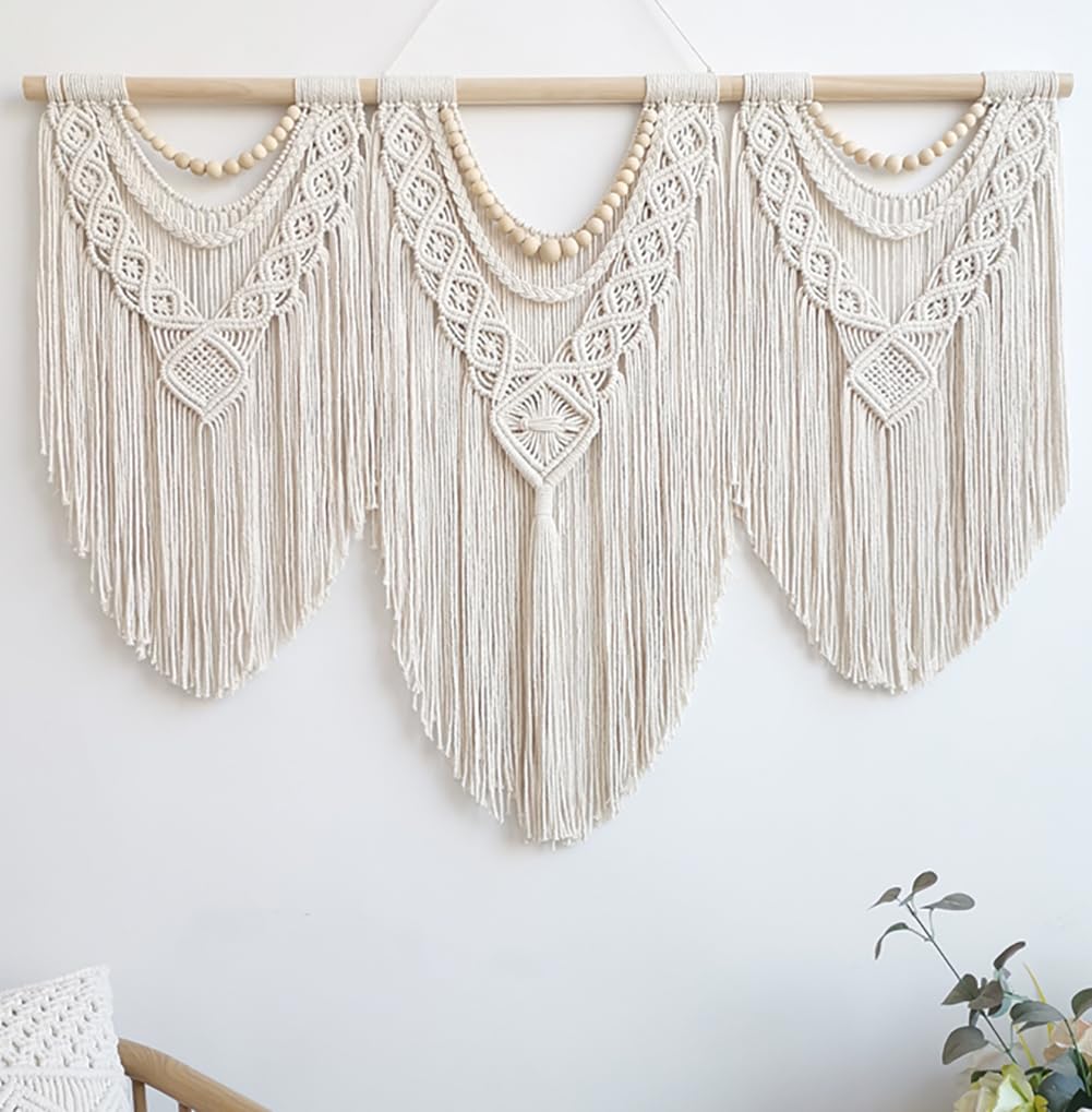 Large Macrame Wall Hanging, Boho Tapestry with Leaf & Wood Bead for Living Room Bedroom