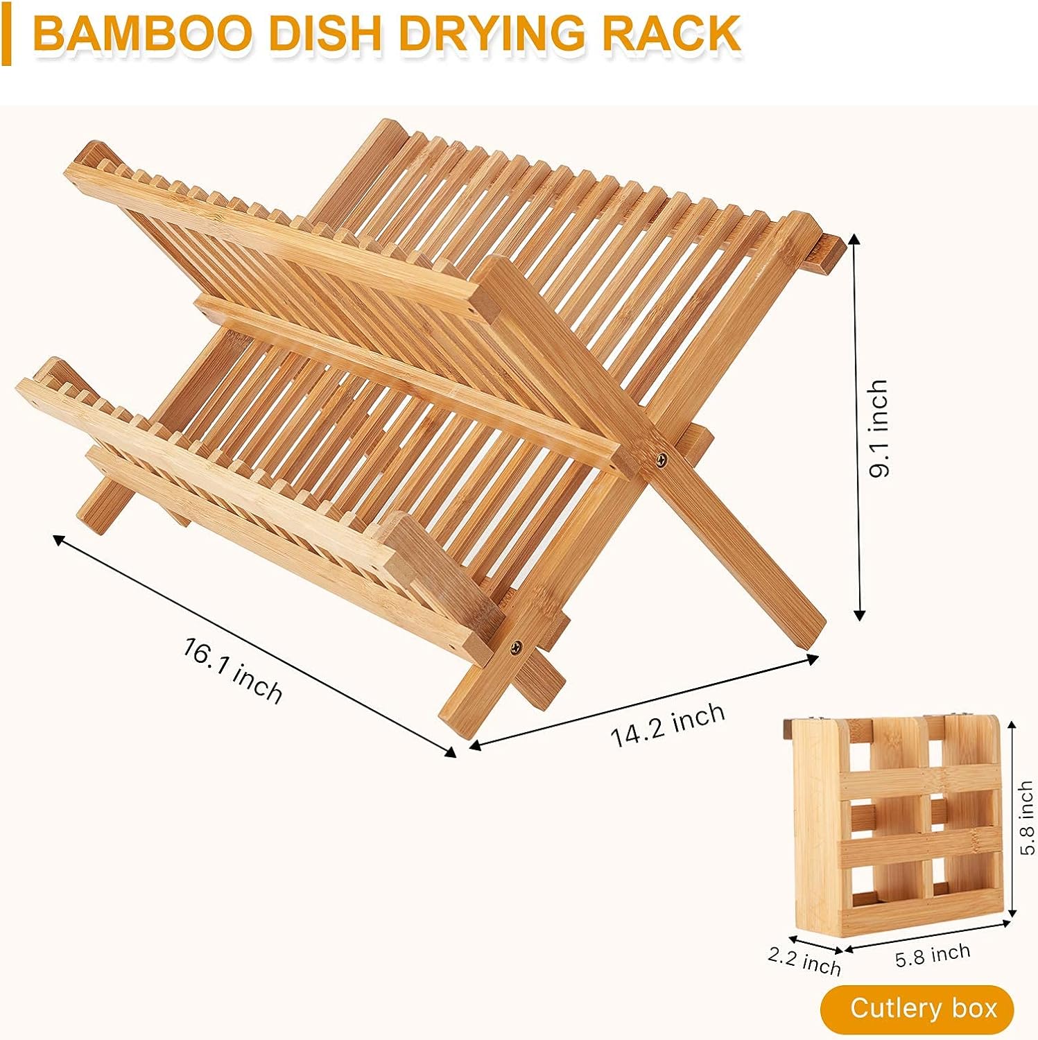 Bamboo Dish Drying Rack, 2 Tier Collapsible Dish Rack with Utensil Holder, Wooden Dish Drying Rack for Kitchen Counter, Large Folding Drying Holder, Dish Drainer 34 pcs Grid