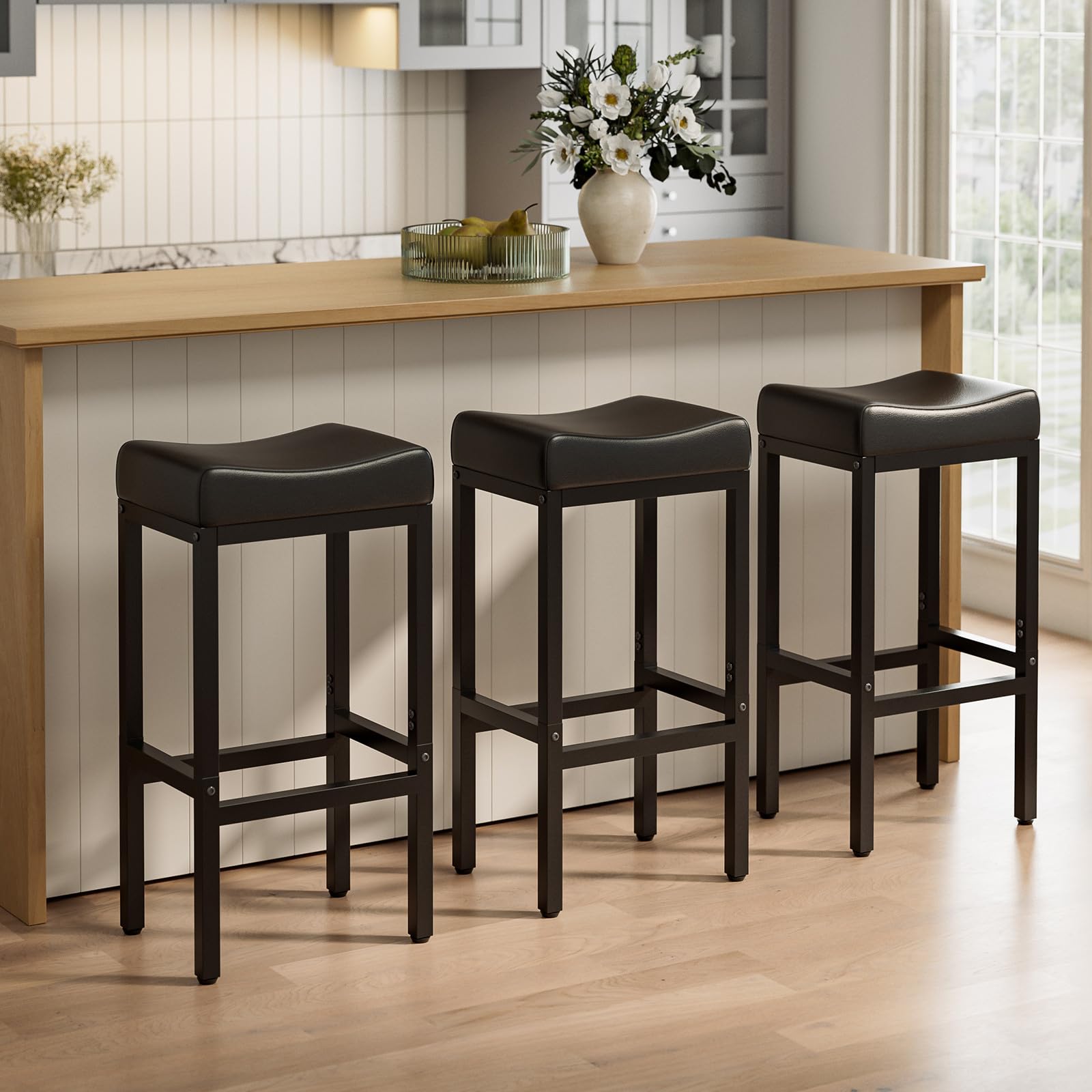 Bar Stools Set of 2-24 Inch Counter Height Chairs for Kitchen Island, Leather Seat with 400 LBS Heavy-Duty Metal Frame and Adjustable Feet, Easy to Assemble for Bar, Café or Dining Room,Black