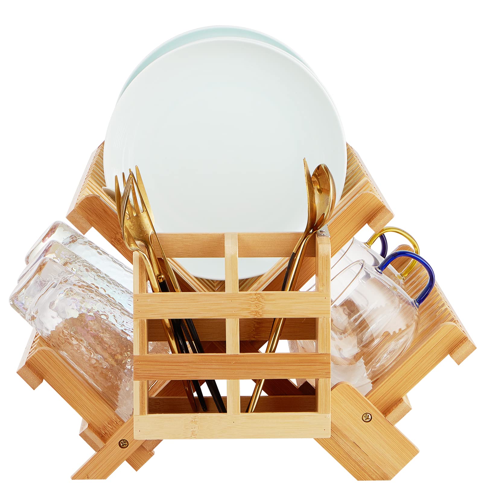 Bamboo Dish Drying Rack, 2 Tier Collapsible Dish Rack with Utensil Holder, Wooden Dish Drying Rack for Kitchen Counter, Large Folding Drying Holder, Dish Drainer 34 pcs Grid