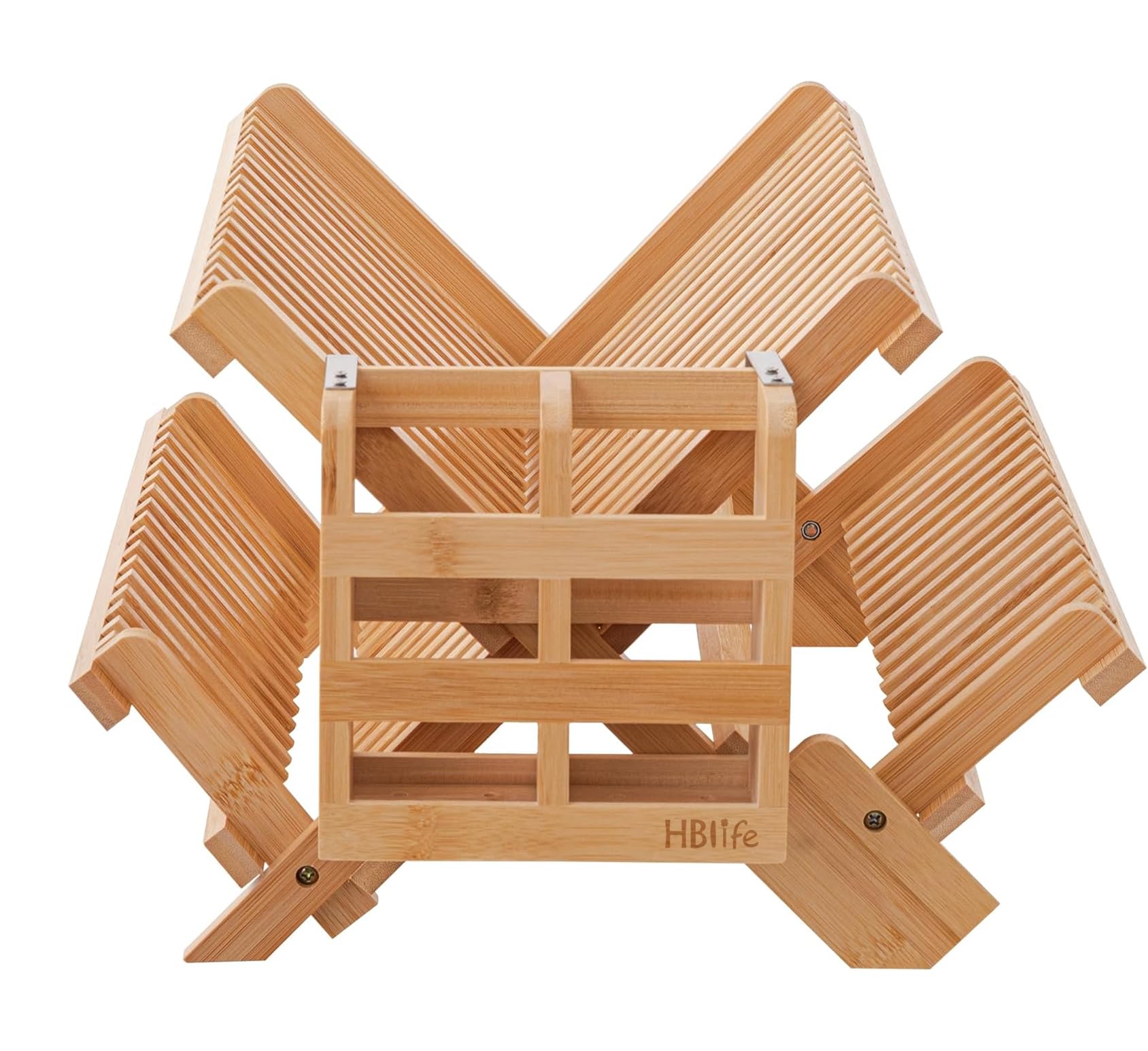 HBlife Bamboo Dish Drying Rack with Utensils Flatware Holder Set, 3-Tier Large Folding Drying Holder for Kitchen Counter, Collapsible Drainer