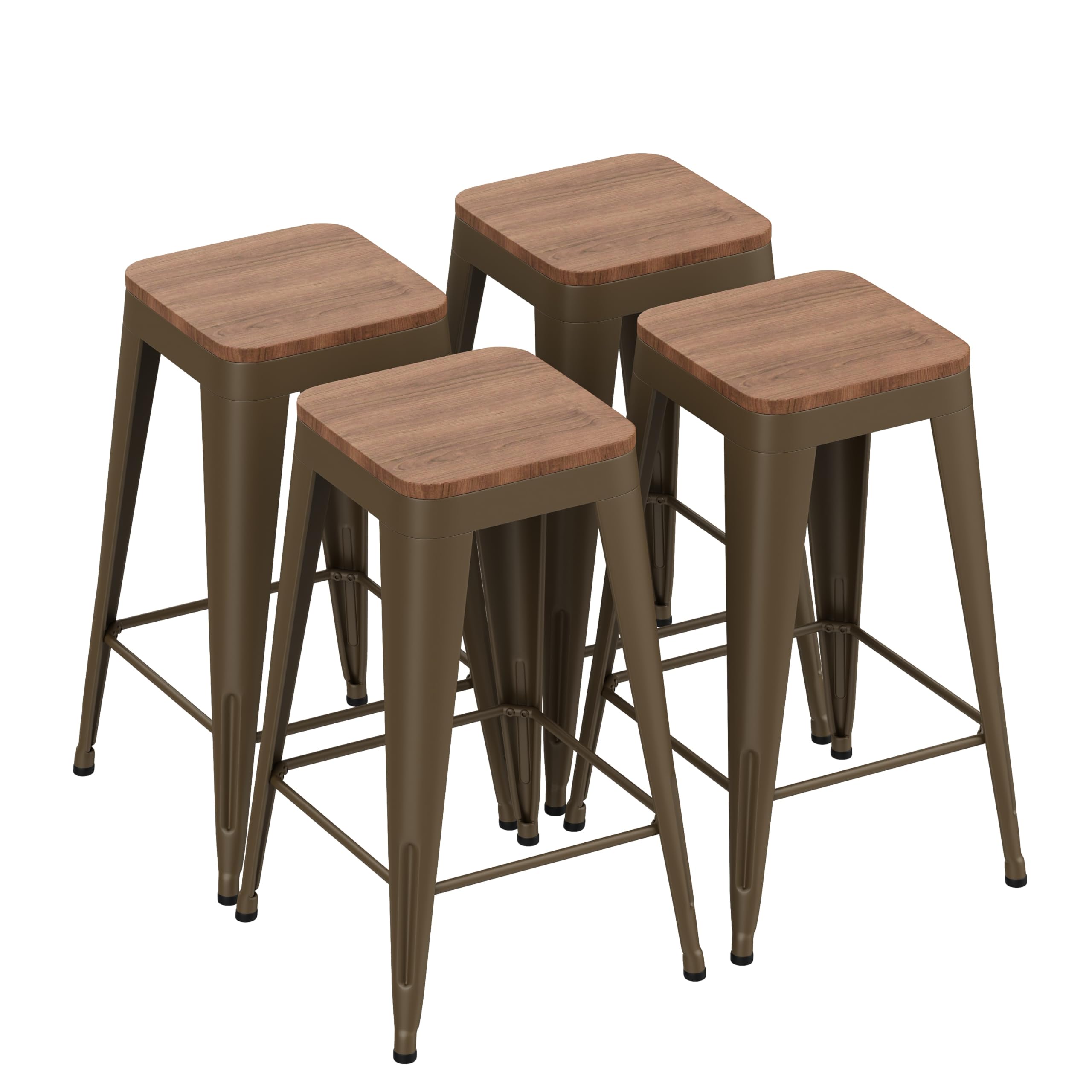 Barstools Set of 4 White Metal Bar Stools Industrial Modern Bar Chairs with Wood Top for Kitchen Island Counter Height Cafe Resturant Stools (Black Without Back, 26 inch Counter Height)