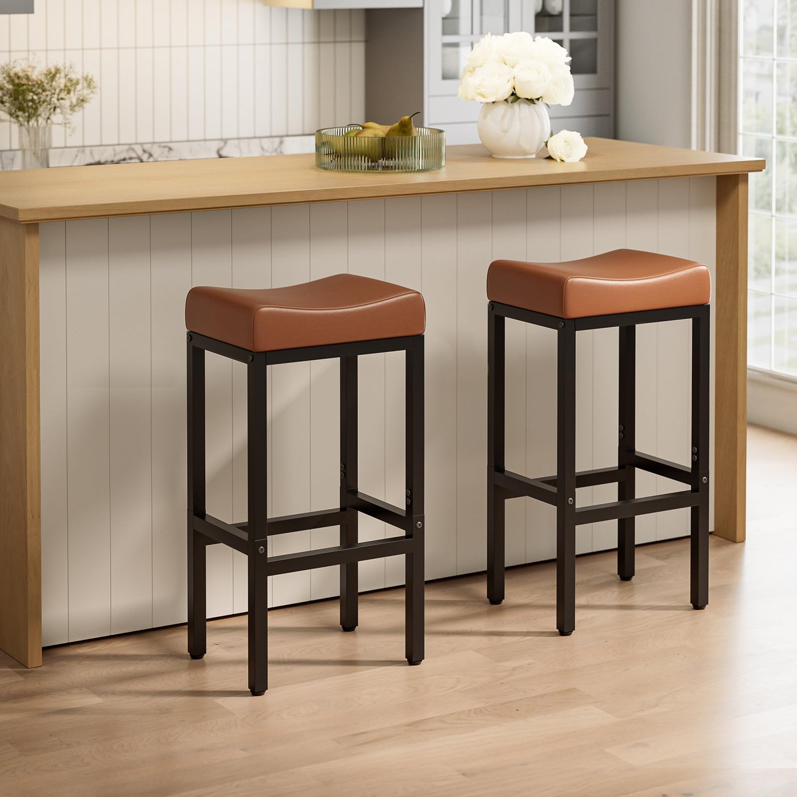 Bar Stools Set of 2-24 Inch Counter Height Chairs for Kitchen Island, Leather Seat with 400 LBS Heavy-Duty Metal Frame and Adjustable Feet, Easy to Assemble for Bar, Café or Dining Room,Black