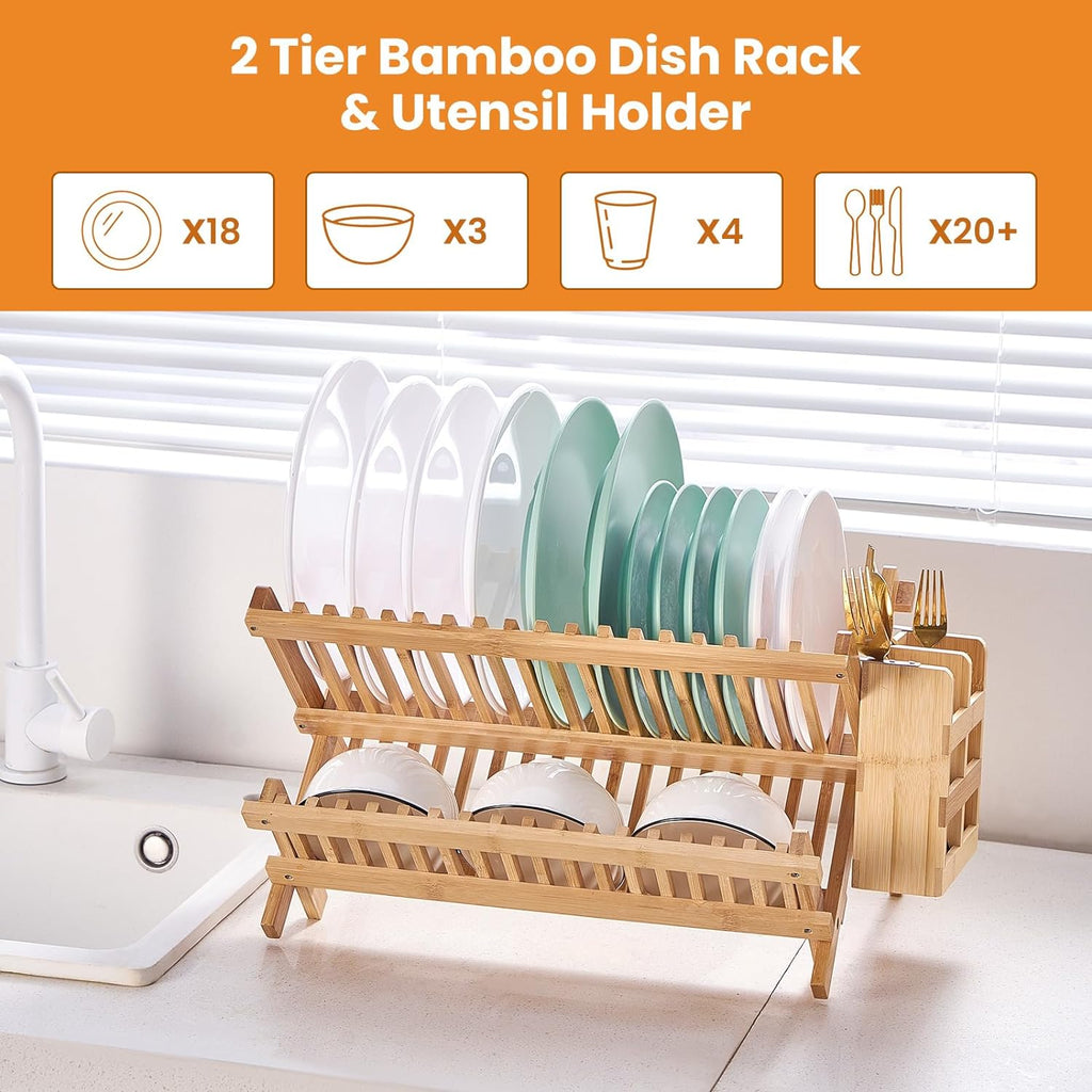 Bamboo Dish Drying Rack, 2 Tier Collapsible Dish Rack with Utensil Holder, Wooden Dish Drying Rack for Kitchen Counter, Large Folding Drying Holder, Dish Drainer 34 pcs Grid
