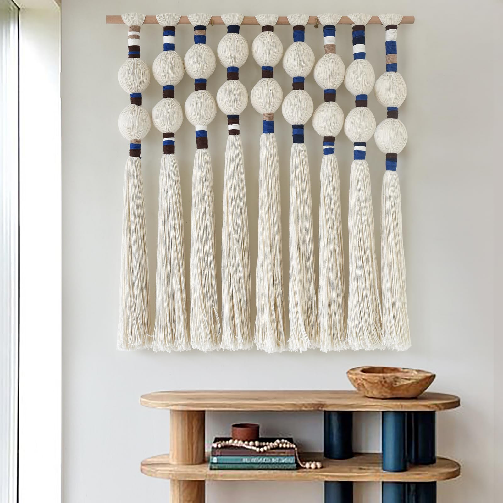 IOWER Macrame Wall Hanging Blue Yarn Wall Art Tassel Wall Decor with Knotted Ball Design Bohemian Wall Decor for Living Room Bedroom Home Backdrop 27" W x 39" L