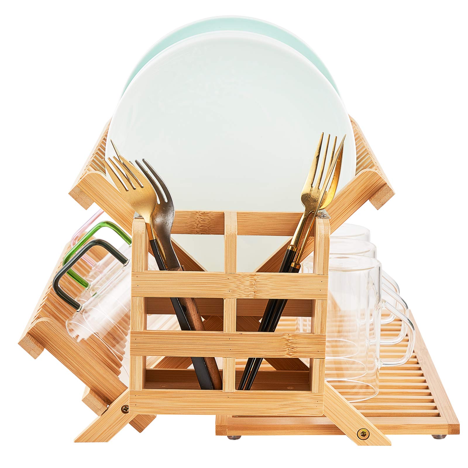 Bamboo Dish Drying Rack, 2 Tier Collapsible Dish Rack with Utensil Holder, Wooden Dish Drying Rack for Kitchen Counter, Large Folding Drying Holder, Dish Drainer 34 pcs Grid