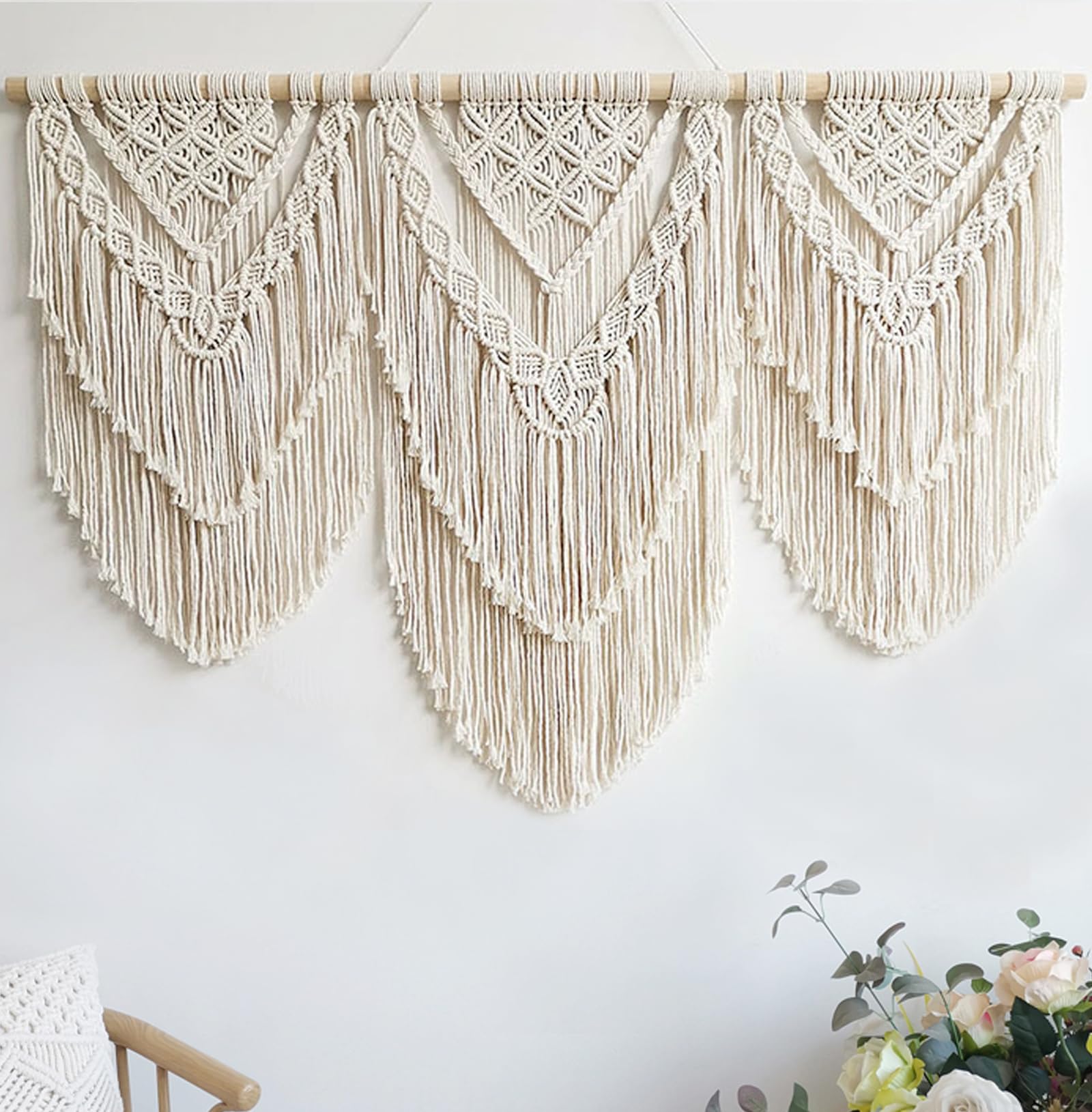 Large Macrame Wall Hanging, Boho Tapestry with Leaf & Wood Bead for Living Room Bedroom