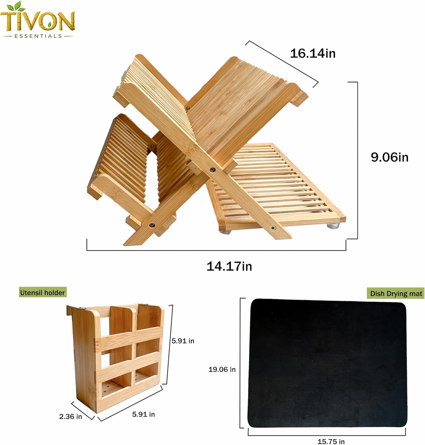 3-Tier Collapsible Bamboo Dish Drying Rack with Utensil Holder & Absorbent Mat
