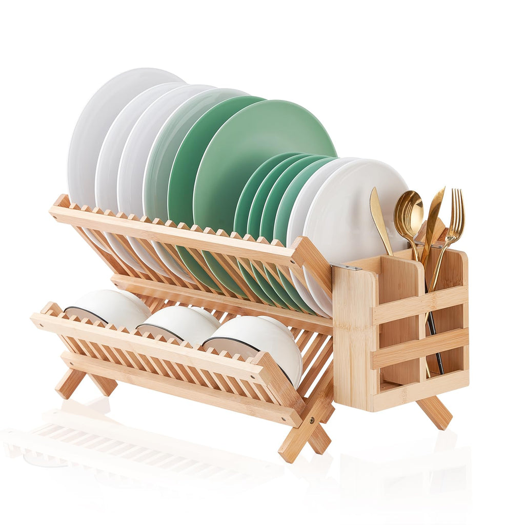 Bamboo Dish Drying Rack, 2 Tier Collapsible Dish Rack with Utensil Holder, Wooden Dish Drying Rack for Kitchen Counter, Large Folding Drying Holder, Dish Drainer 34 pcs Grid