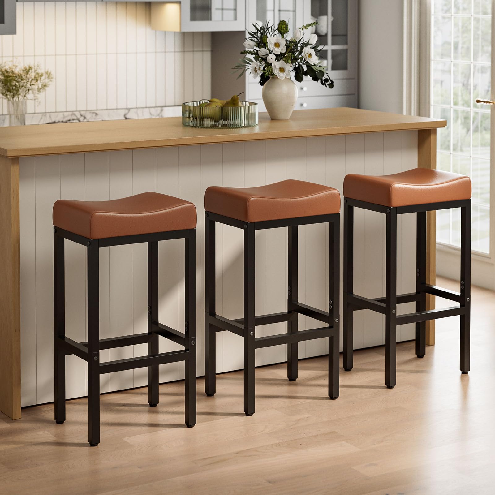 Bar Stools Set of 2-24 Inch Counter Height Chairs for Kitchen Island, Leather Seat with 400 LBS Heavy-Duty Metal Frame and Adjustable Feet, Easy to Assemble for Bar, Café or Dining Room,Black