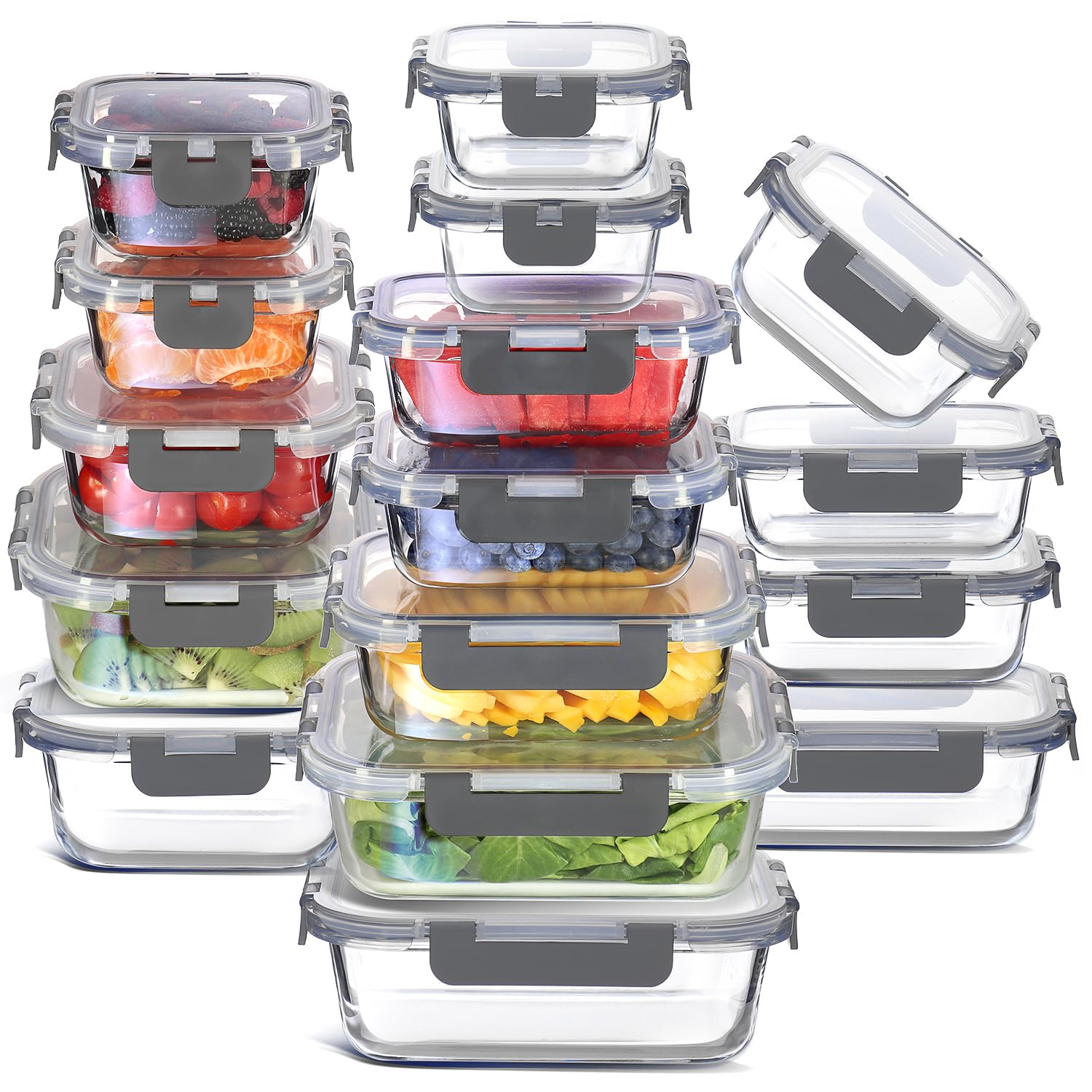 16 Pack Glass Food Storage Containers with Airtight Lids, Microwave Freezer Safe Meal Prep Boxes