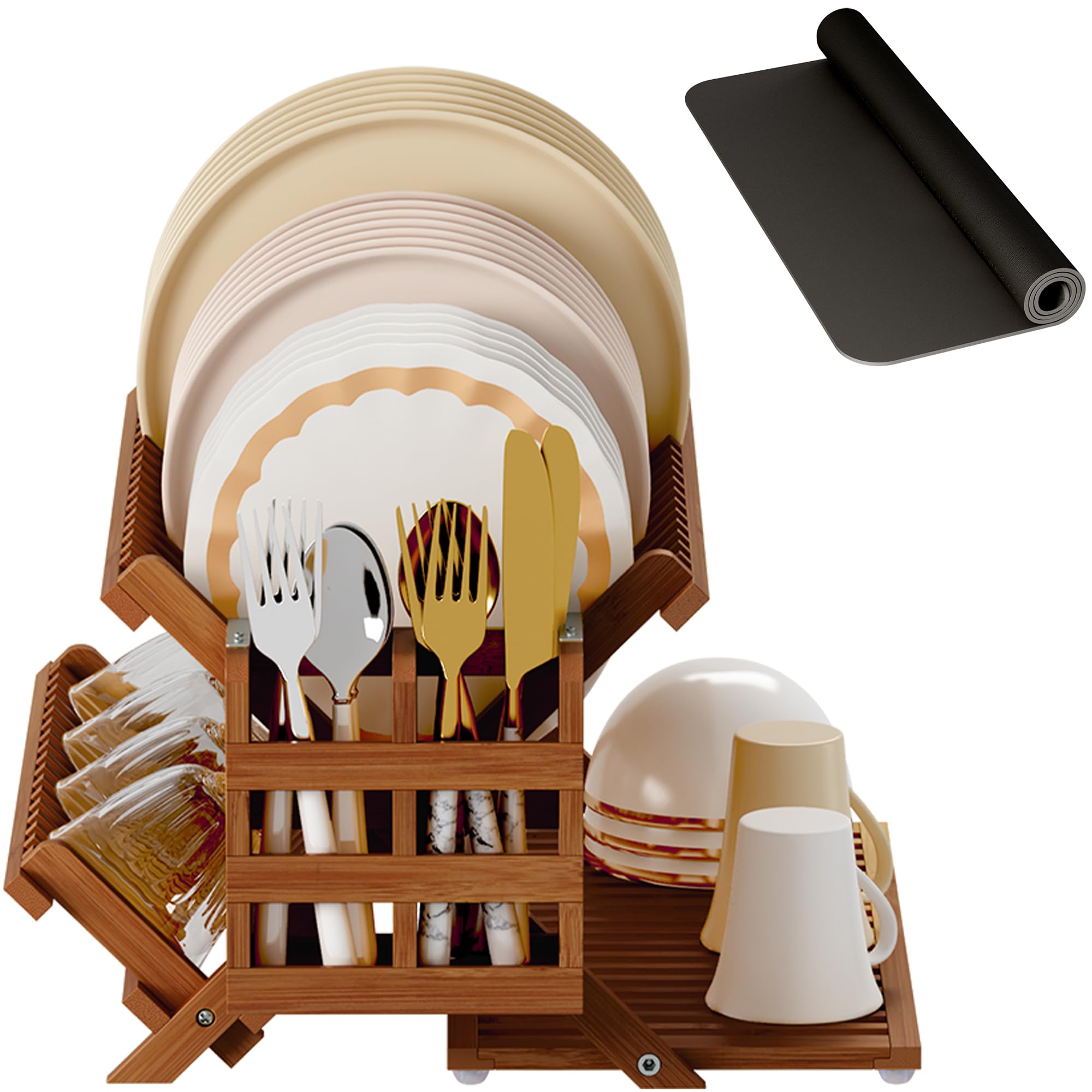Greenual Teak Dish Drying Rack with Utensil Holder, 3 Tier Collapsible Dish Rack, Wooden Dish Racks for Kitchen Counter, Large Folding Drying Holder with Absorbent Dish Drying Mat
