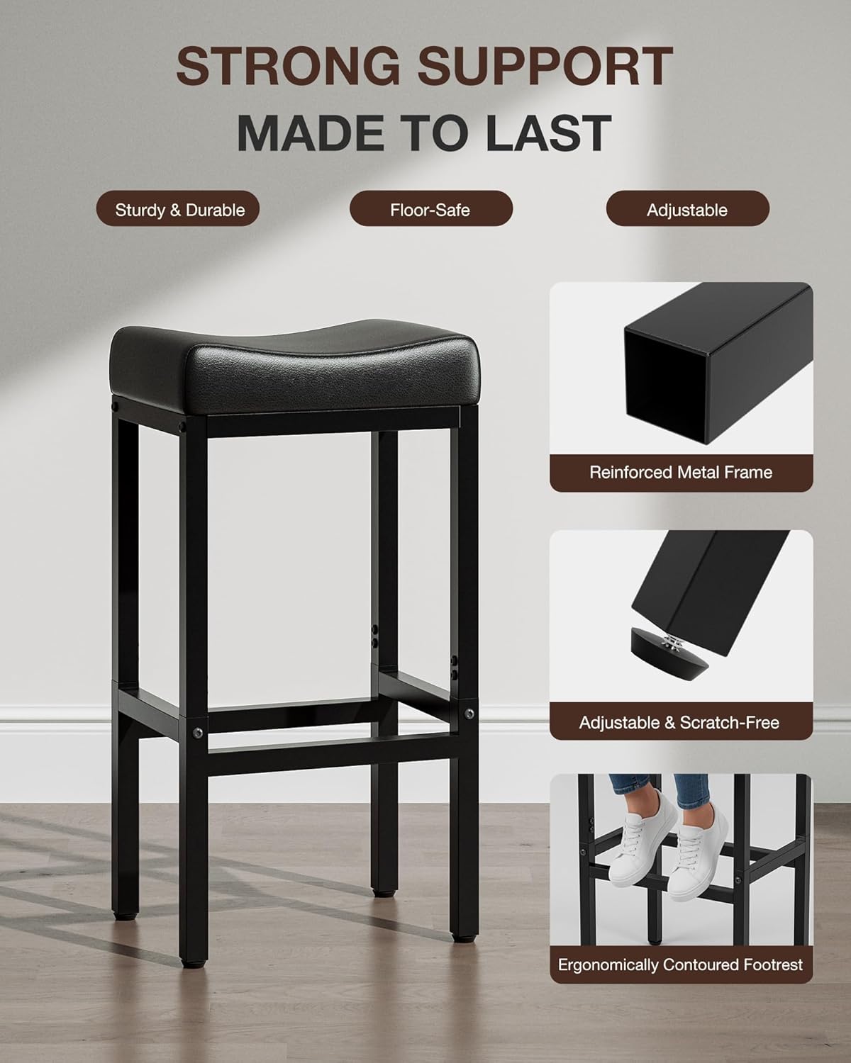 Bar Stools Set of 2-24 Inch Counter Height Chairs for Kitchen Island, Leather Seat with 400 LBS Heavy-Duty Metal Frame and Adjustable Feet, Easy to Assemble for Bar, Café or Dining Room,Black