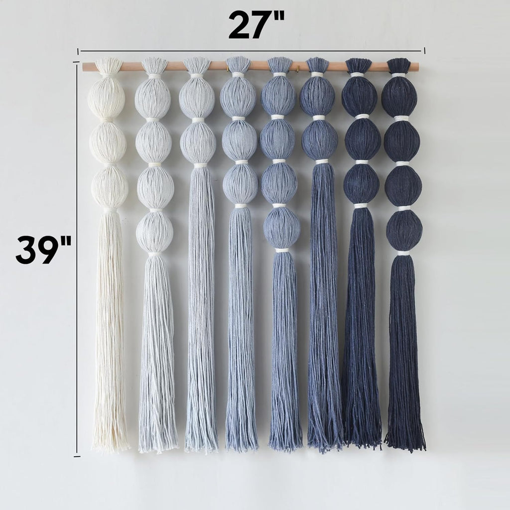 IOWER Macrame Wall Hanging Blue Yarn Wall Art Tassel Wall Decor with Knotted Ball Design Bohemian Wall Decor for Living Room Bedroom Home Backdrop 27" W x 39" L