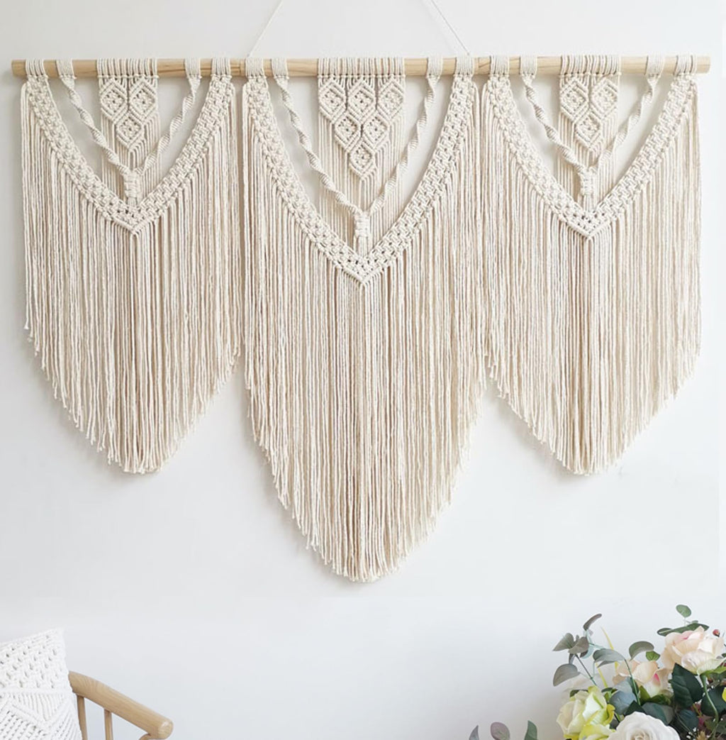 Large Macrame Wall Hanging, Boho Tapestry with Leaf & Wood Bead for Living Room Bedroom