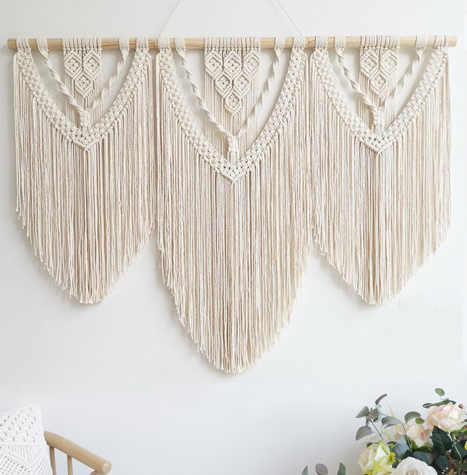 Large Macrame Wall Hanging, Boho Tapestry with Leaf & Wood Bead for Living Room Bedroom