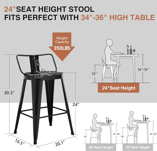 24 Inch Black Industrial Bar Stools Set of 4, Farmhouse Bar Chairs with Large Seat