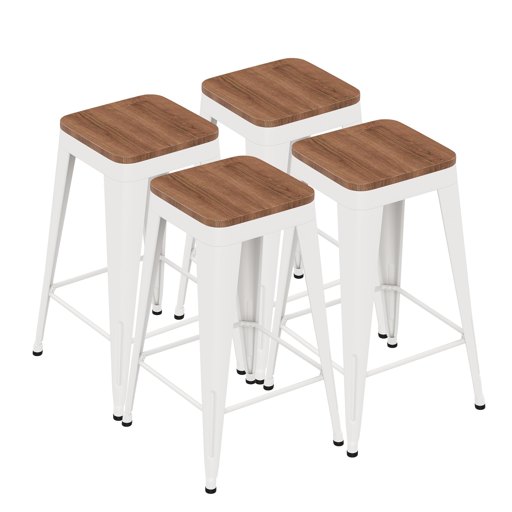 Barstools Set of 4 White Metal Bar Stools Industrial Modern Bar Chairs with Wood Top for Kitchen Island Counter Height Cafe Resturant Stools (Black Without Back, 26 inch Counter Height)