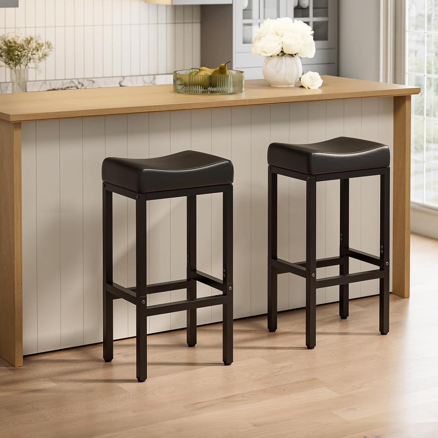 Bar Stools Set of 2-24 Inch Counter Height Chairs for Kitchen Island, Leather Seat with 400 LBS Heavy-Duty Metal Frame and Adjustable Feet, Easy to Assemble for Bar, Café or Dining Room,Black