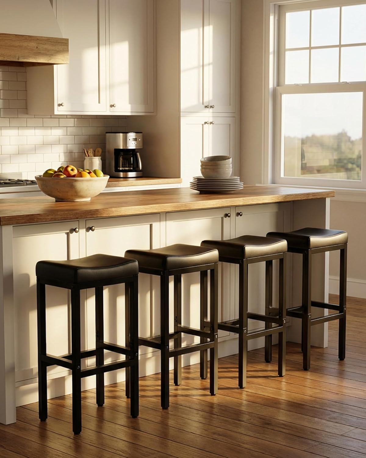 Bar Stools Set of 2-24 Inch Counter Height Chairs for Kitchen Island, Leather Seat with 400 LBS Heavy-Duty Metal Frame and Adjustable Feet, Easy to Assemble for Bar, Café or Dining Room,Black