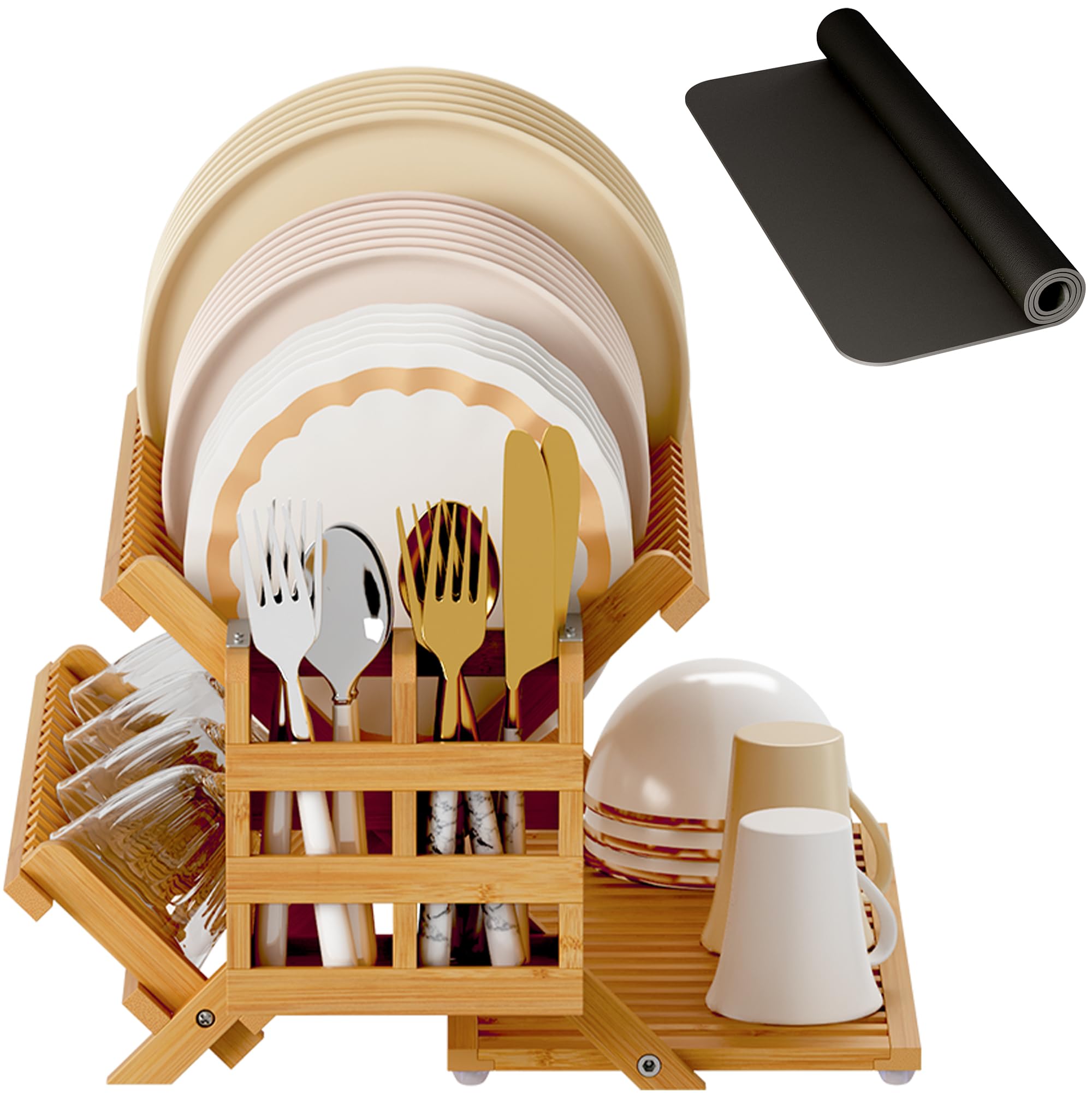 Greenual Teak Dish Drying Rack with Utensil Holder, 3 Tier Collapsible Dish Rack, Wooden Dish Racks for Kitchen Counter, Large Folding Drying Holder with Absorbent Dish Drying Mat