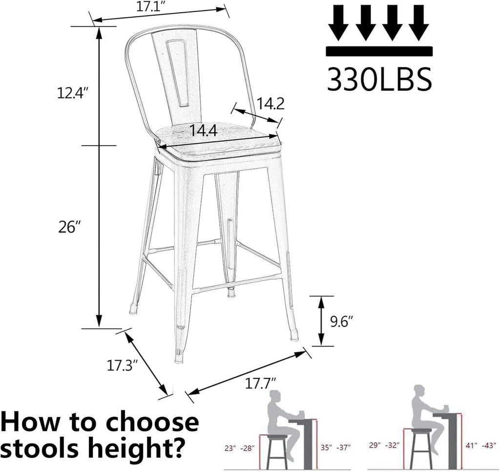 Alunaune 26" Swivel Metal Bar Stools Set of 4 High Back Counter Height Barstools Industrial Dining Bar Chairs with Large Wooden Seat-Matte Black