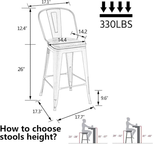 Alunaune 26" Swivel Metal Bar Stools Set of 4 High Back Counter Height Barstools Industrial Dining Bar Chairs with Large Wooden Seat-Matte Black