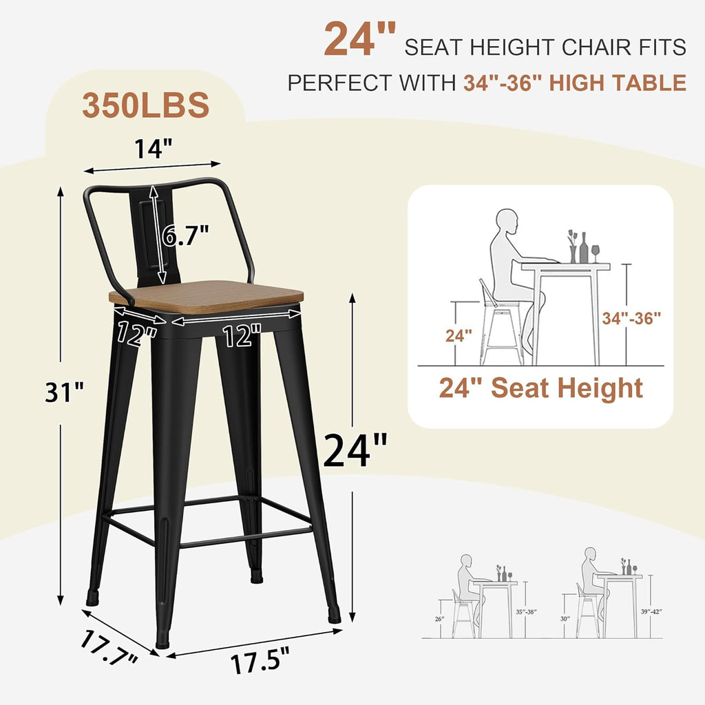 ALISH Swivel Bar Stools Set of 4 Counter Height Metal Bar Stools with Low Back Industrial Barstools for Kitchen Island (Black, 24 Inch 4 PCS)