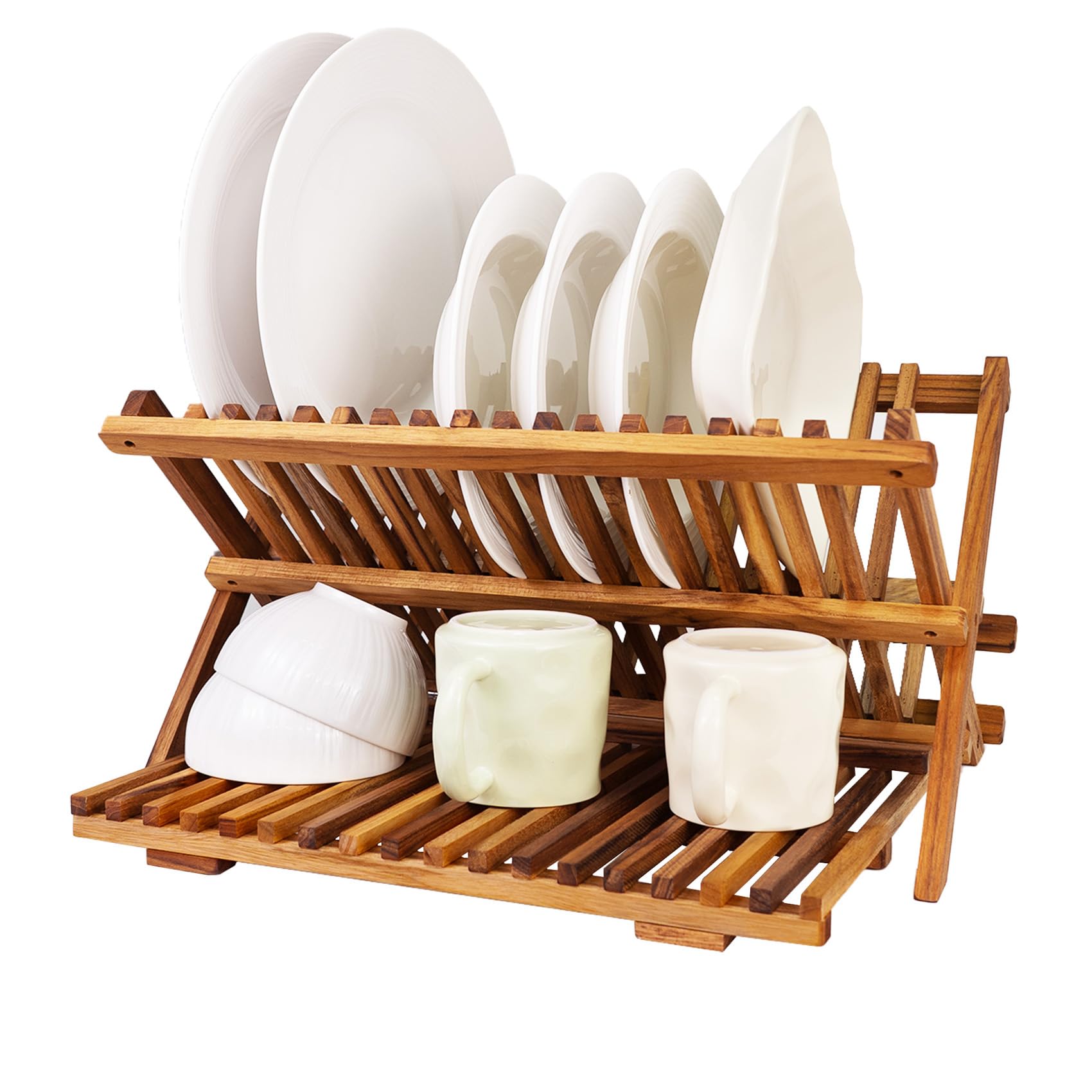 Utoplike Teak Dish Drainer Rack Collapsible 2 Tier Dish Rack Dish Drying Rack Foldable Plate Organizer Holder for Kitchen Compact Countertop