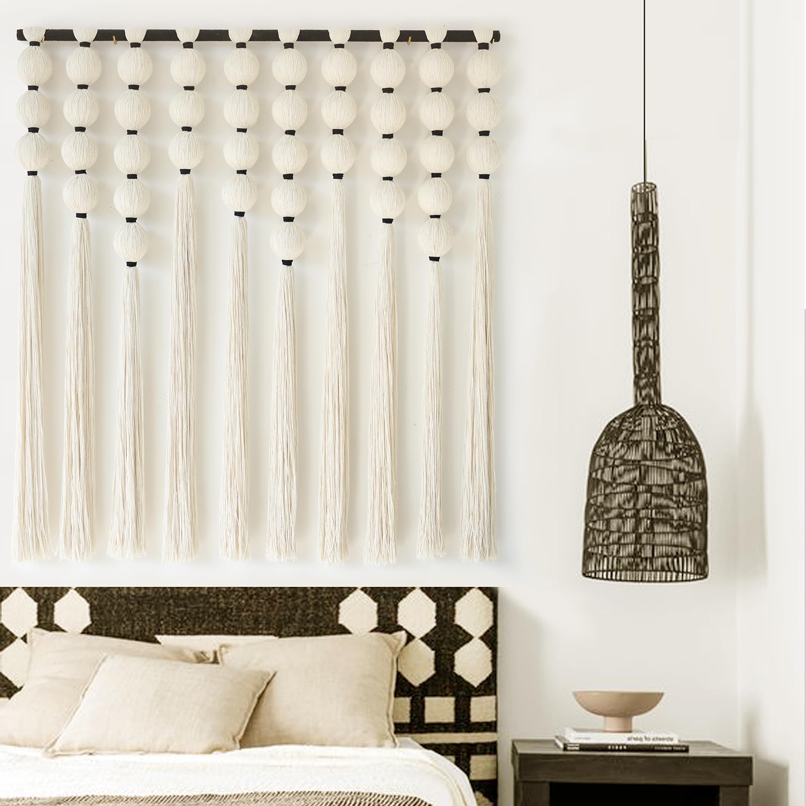 IOWER Macrame Wall Hanging Blue Yarn Wall Art Tassel Wall Decor with Knotted Ball Design Bohemian Wall Decor for Living Room Bedroom Home Backdrop 27" W x 39" L