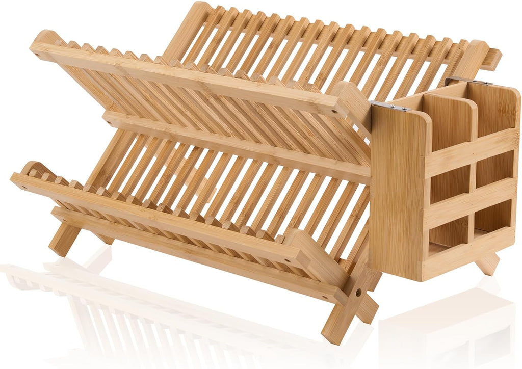 NOVAYEAH Bamboo Dish Drying Rack-2 Tier, Collapsible Small Dish Rack with Utensil Holder, Wooden Drying Rack for Kitchen Counter, Apartment Essentials Kitchen Plate Holder Organization 34 pcs Grid