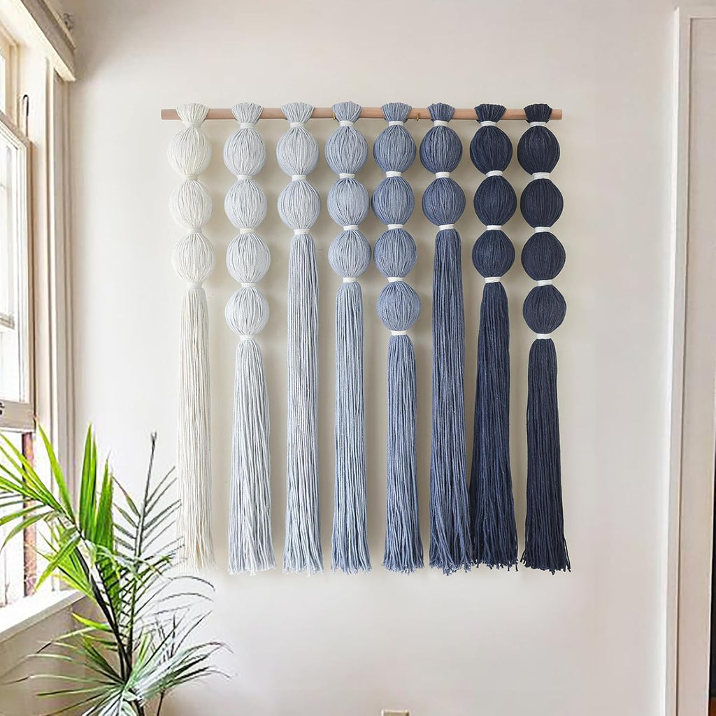 IOWER Macrame Wall Hanging Blue Yarn Wall Art Tassel Wall Decor with Knotted Ball Design Bohemian Wall Decor for Living Room Bedroom Home Backdrop 27" W x 39" L