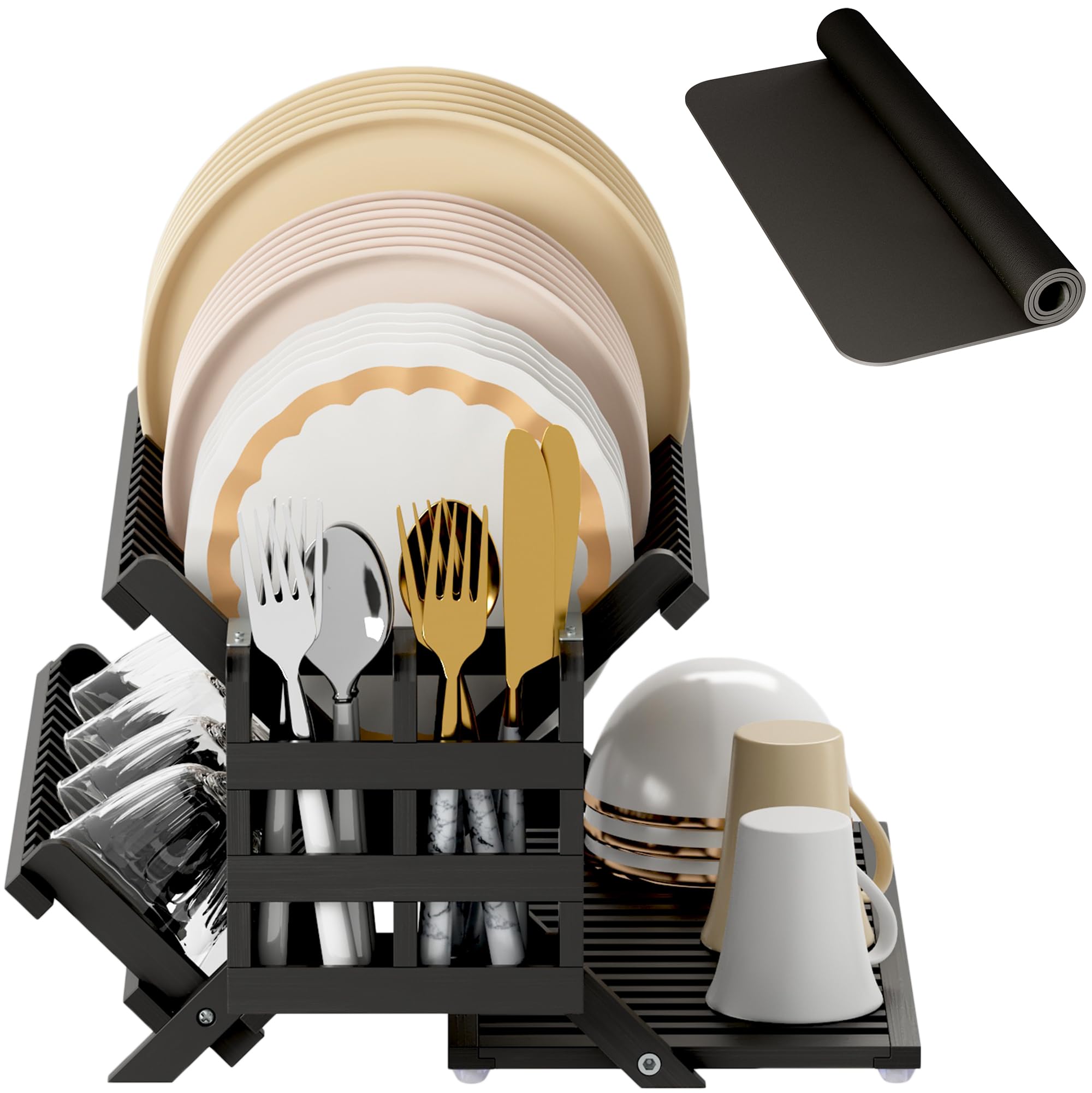 Greenual Teak Dish Drying Rack with Utensil Holder, 3 Tier Collapsible Dish Rack, Wooden Dish Racks for Kitchen Counter, Large Folding Drying Holder with Absorbent Dish Drying Mat