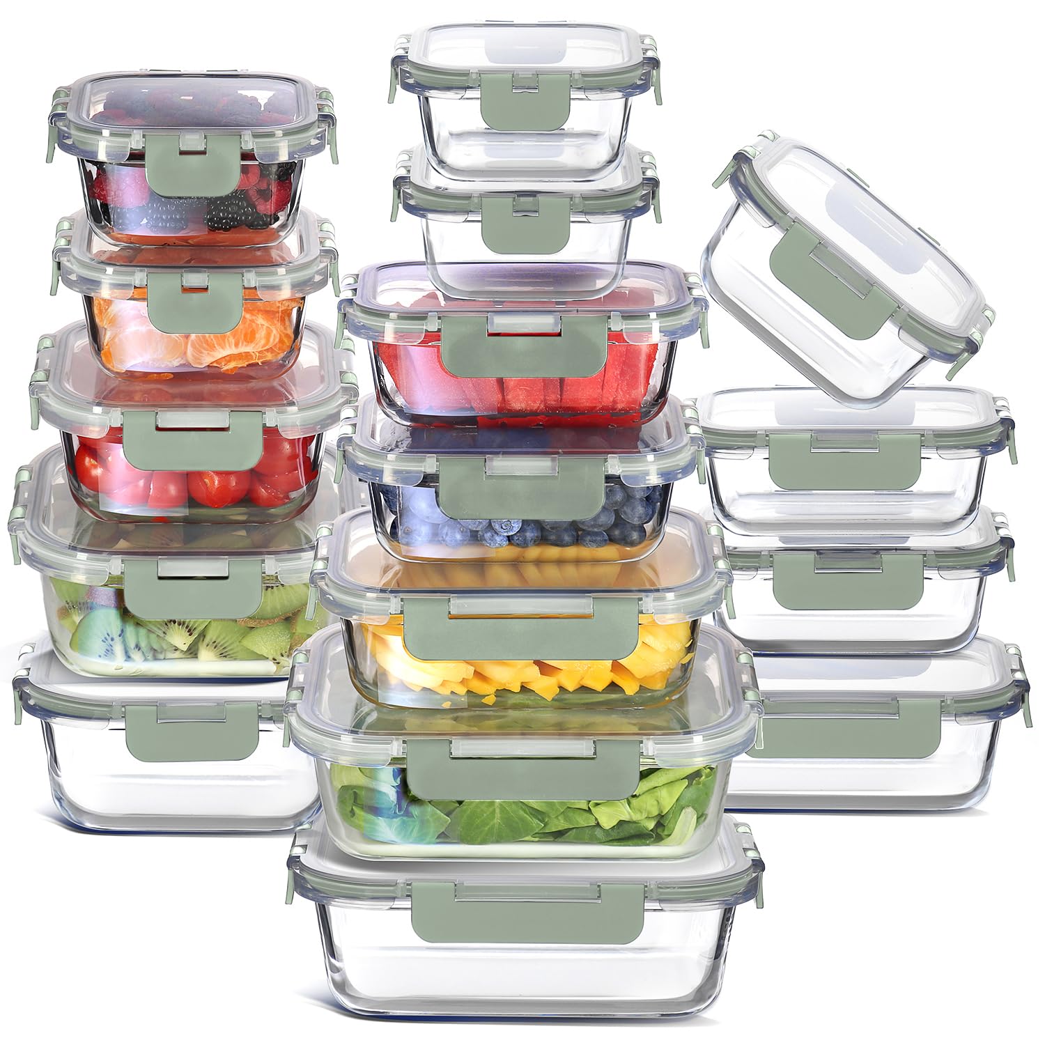 16 Pack Glass Food Storage Containers with Airtight Lids, Microwave Freezer Safe Meal Prep Boxes