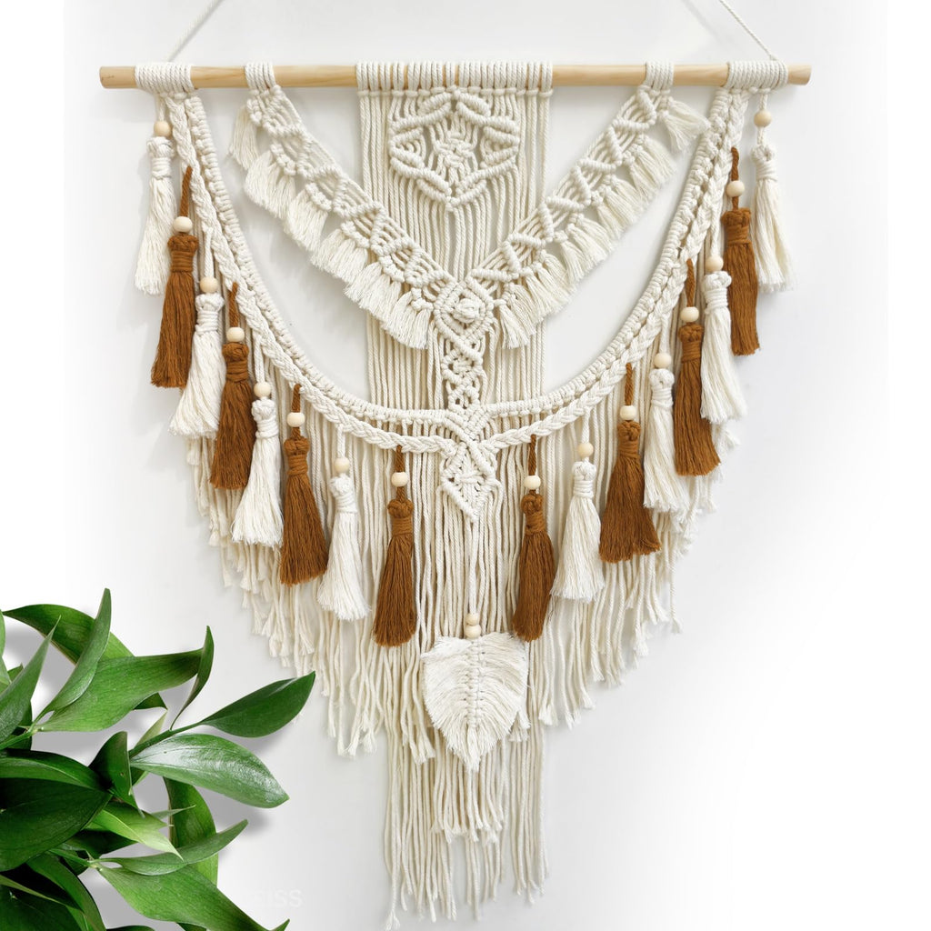 Lokeisna Macrame Wall Hanging, Woven Tapestry Beige & Dusty Rose Handmade Craft Macrame Wall Decor, Gallery & Nursery, Size 37.4” Lx27.5” W