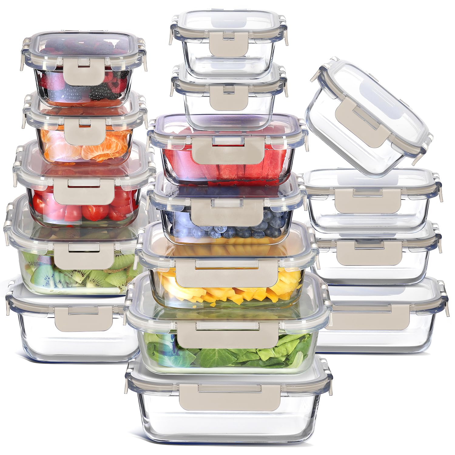 16 Pack Glass Food Storage Containers with Airtight Lids, Microwave Freezer Safe Meal Prep Boxes