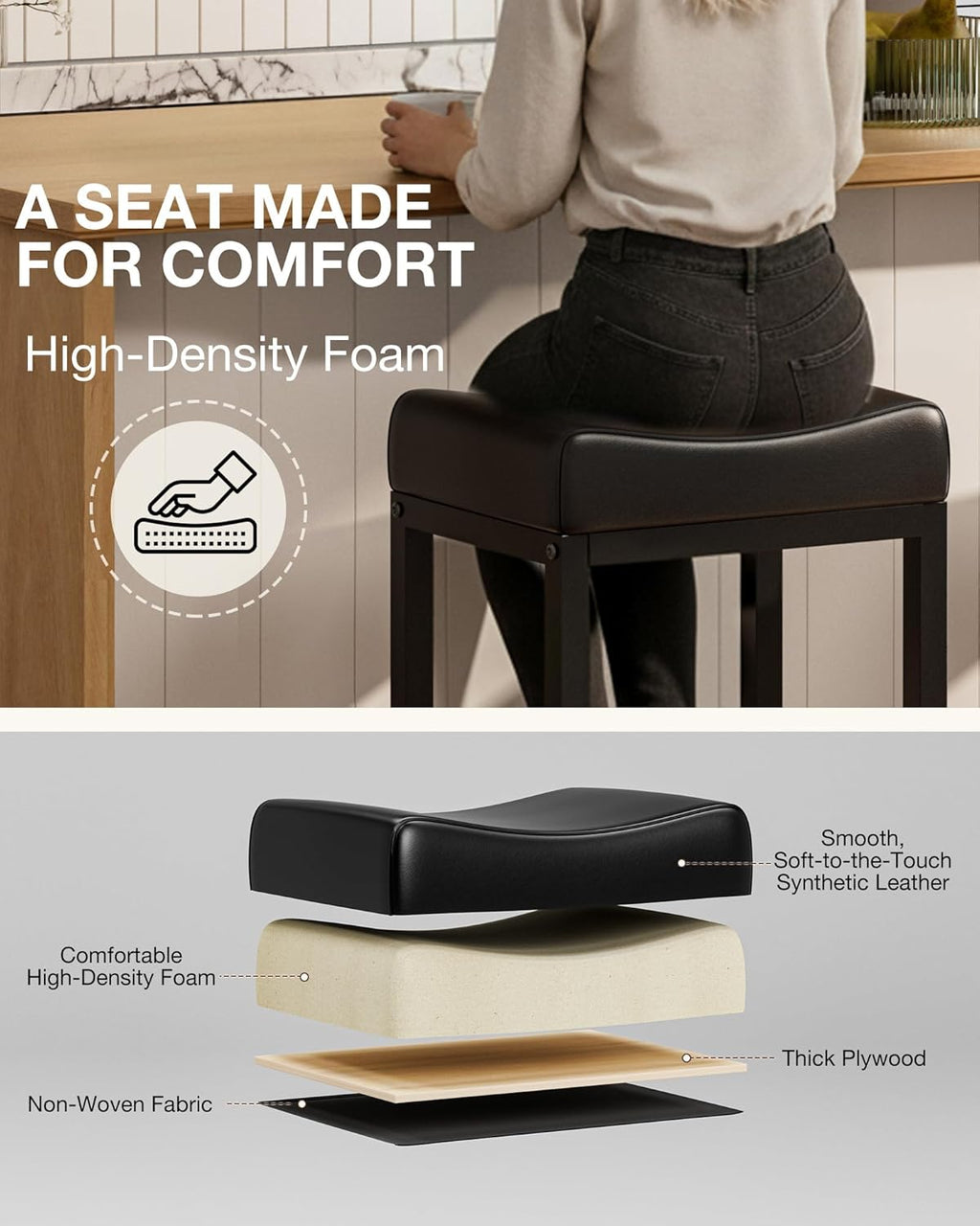 Bar Stools Set of 2-24 Inch Counter Height Chairs for Kitchen Island, Leather Seat with 400 LBS Heavy-Duty Metal Frame and Adjustable Feet, Easy to Assemble for Bar, Café or Dining Room,Black