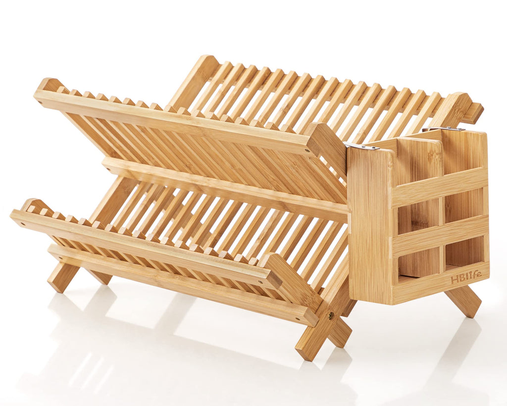 HBlife Bamboo Dish Drying Rack with Utensils Flatware Holder Set, 3-Tier Large Folding Drying Holder for Kitchen Counter, Collapsible Drainer