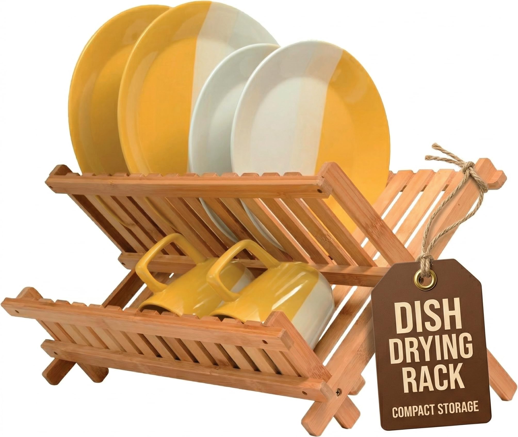 Bambüsi Dish Drying Rack - Collapsible Bamboo 2 Tier Foldable Wooden Dish Drainer for Countertop, Plates Cups Bowls Utensils - Eco Friendly Folding Bamboo Dish Rack for Kitchen Apartment RV Home Small